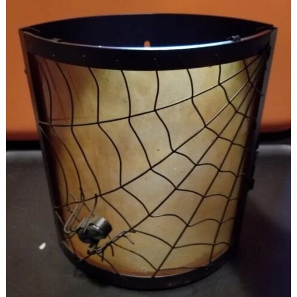 Halloween Orange Glass Spider Web Hurricane Candle Holder 8.25